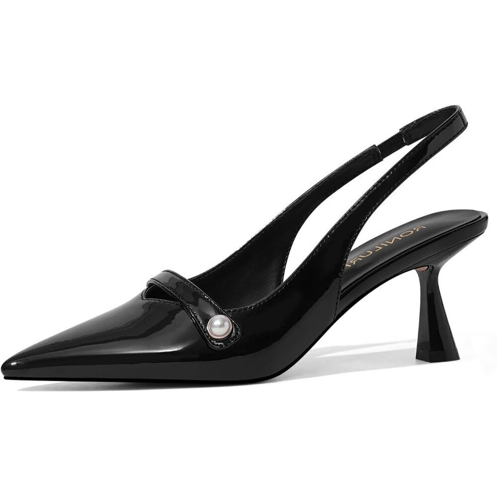 🆕Women Black Polyurethane Kitten Heels Slingback Pumps Pearl Toe
